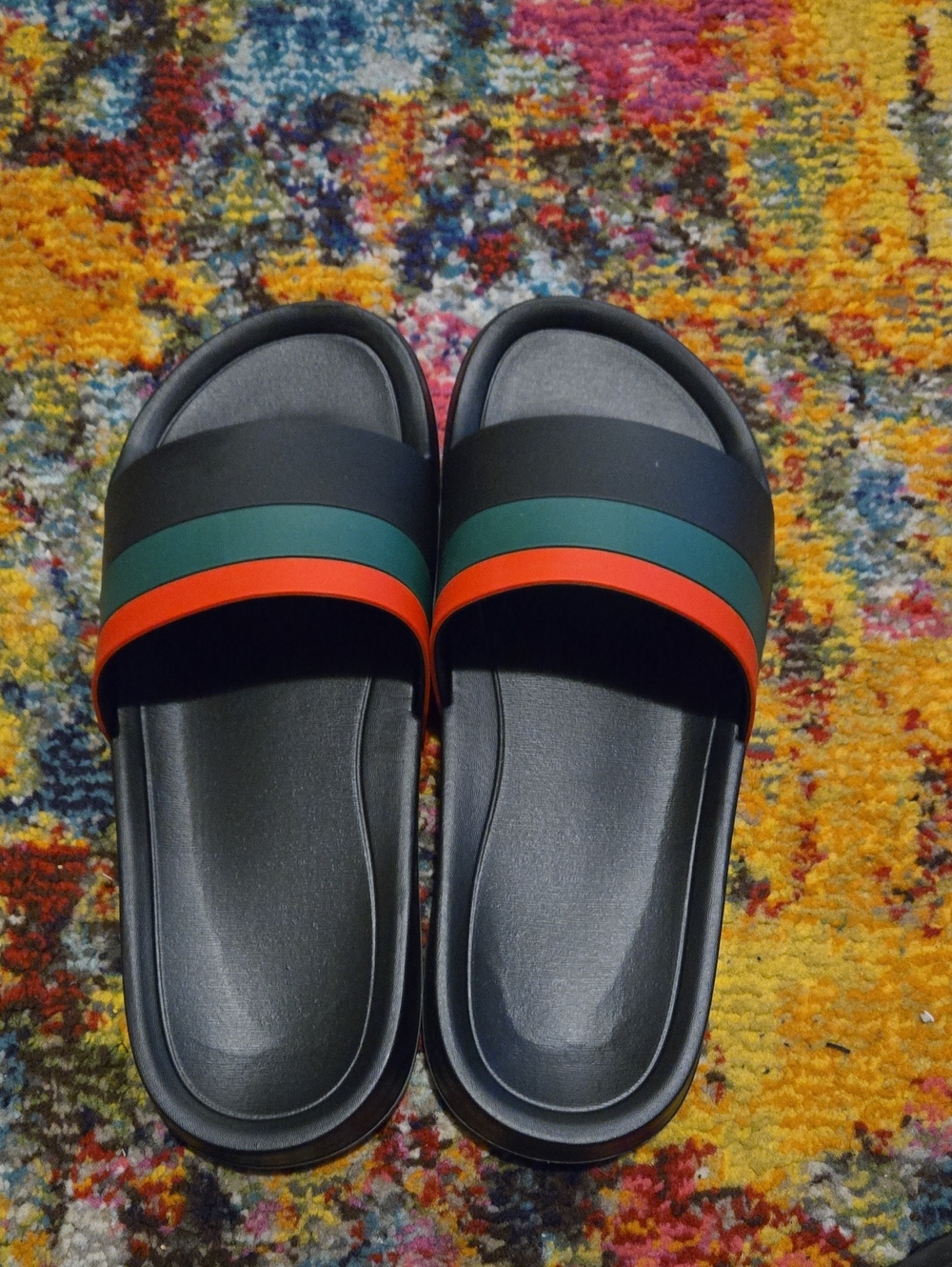 Black Slide Sandals with Green and Red Stripes